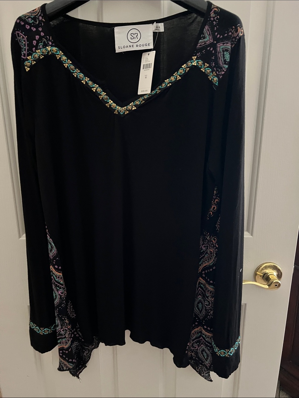 Sloane Rouge Black Long-Sleeve V-Neck Top with Paisley Trim
